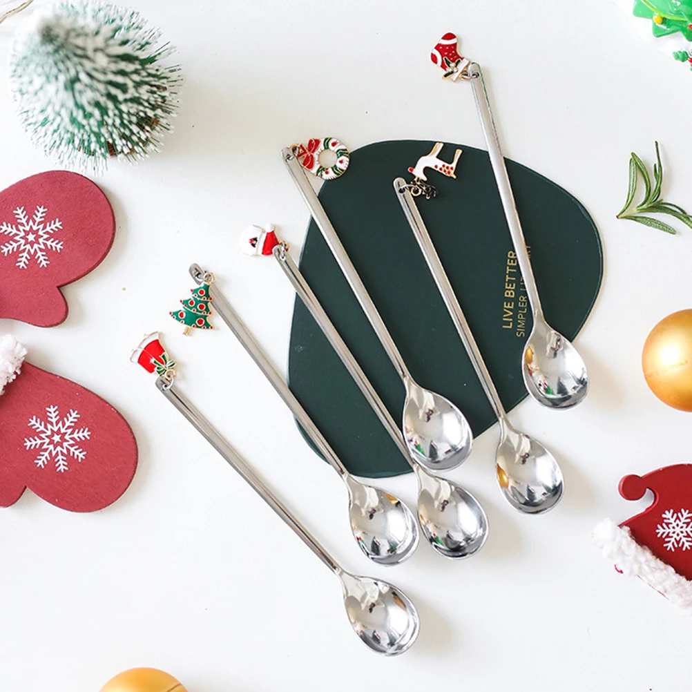 

6pcs Stainless Steel Coffee Multifunctional Long Handle Dessert Tea Mixing Spoons Household Kitchen Hotel Use Xmas Gift Beverage