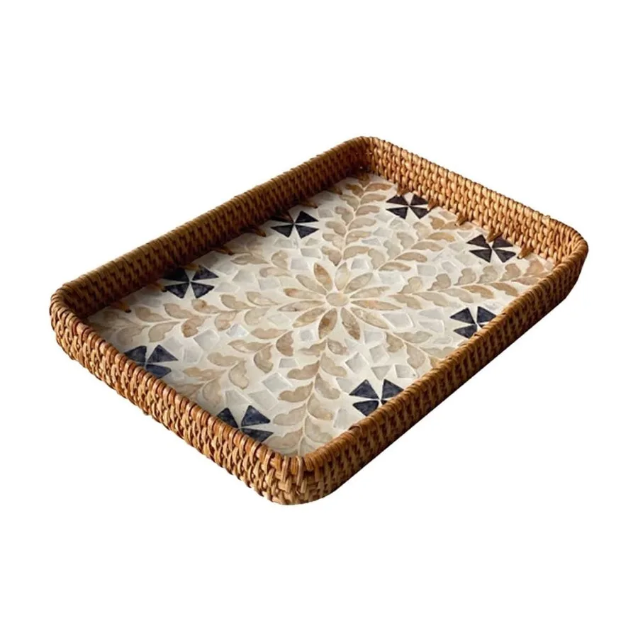 8.3" x12.2" Rattan Serving Tray Rectangle Rattan Tray with Pearl Inlay Hand-Woven Boho Style Decorative Tray for Coffee Table H