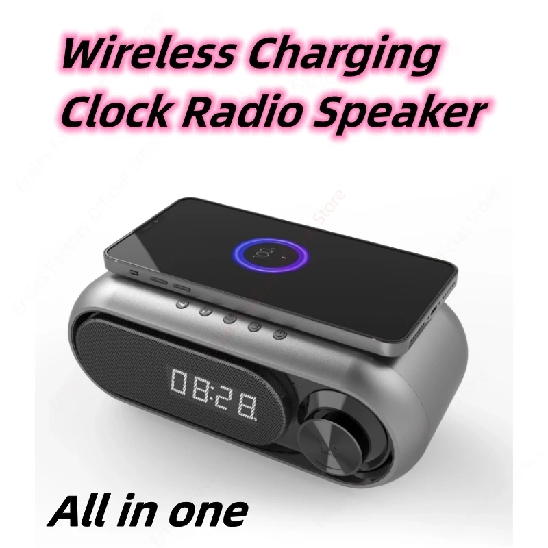 

Wireless Charging Clock Alarm FM Radio Bluetooth Speaker 3 Ln 1 Multifunctional TF Speaker with USB Charge Out Port Caixa De Som