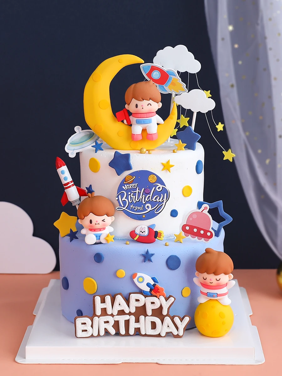 Baking Cake Topper Spaceship Rocket Astronaut Baby Three-dimensional Doll Space Universe Planet Birthday Cake Decoration