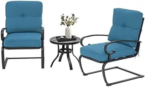 Outdoor Bistro Set 3-Piece Spring Metal Lounge Cushioned Chairs and Bistro Table Set Wrought Iron Cafe Furniture Seat