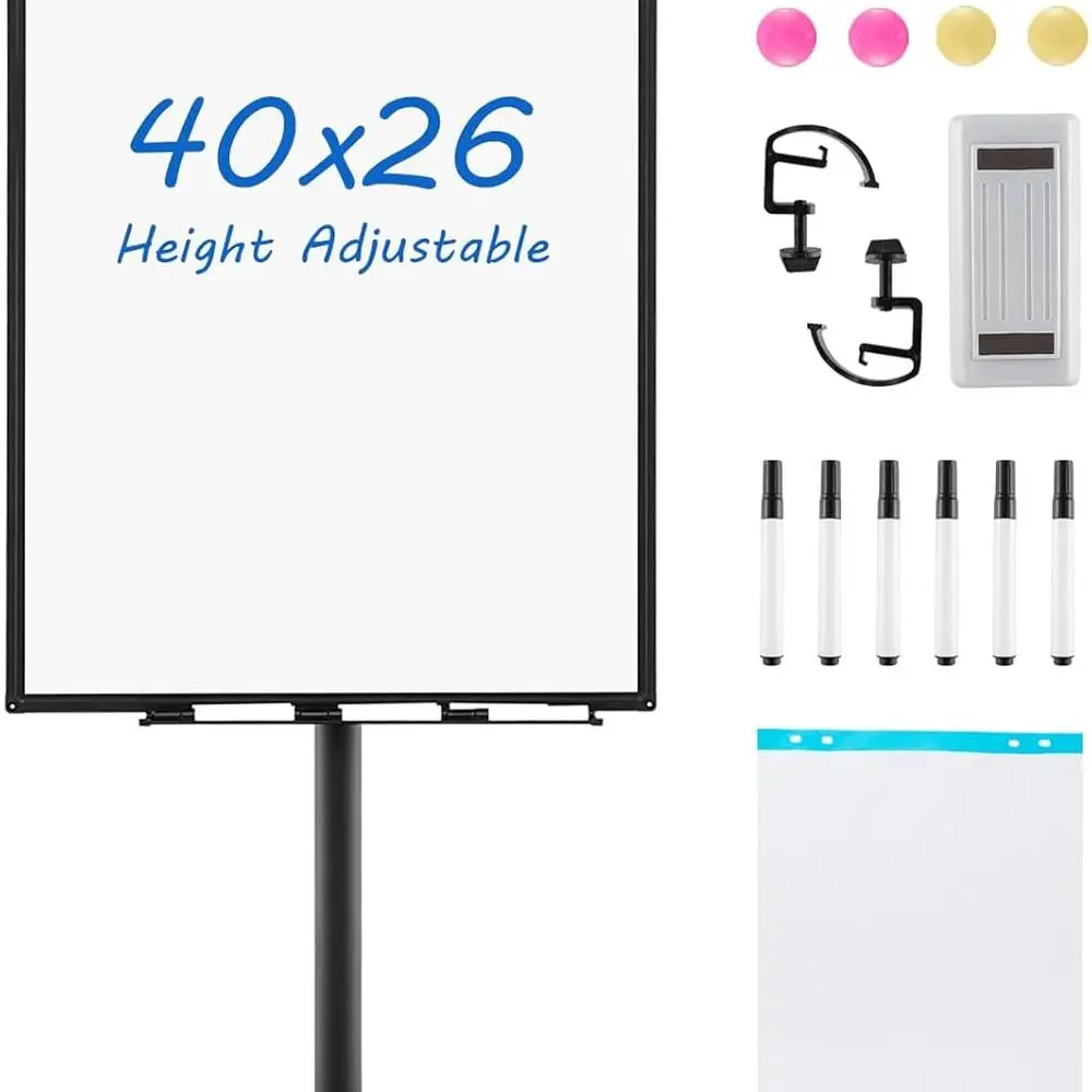 

Rolling Whiteboard, Height Adjustable Magnetic Dry Erase Board on Wheels with Round Stand, Paper Clips, Storage Tray, Paper Pad,