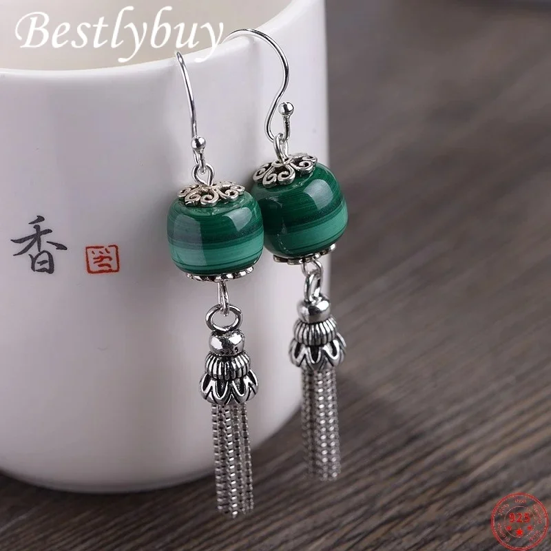 

S925 Sterling Silver Earrings for Women New Fashion Malachite Tassel Ear Drop Pure Argentum Popular Charm Jewelry