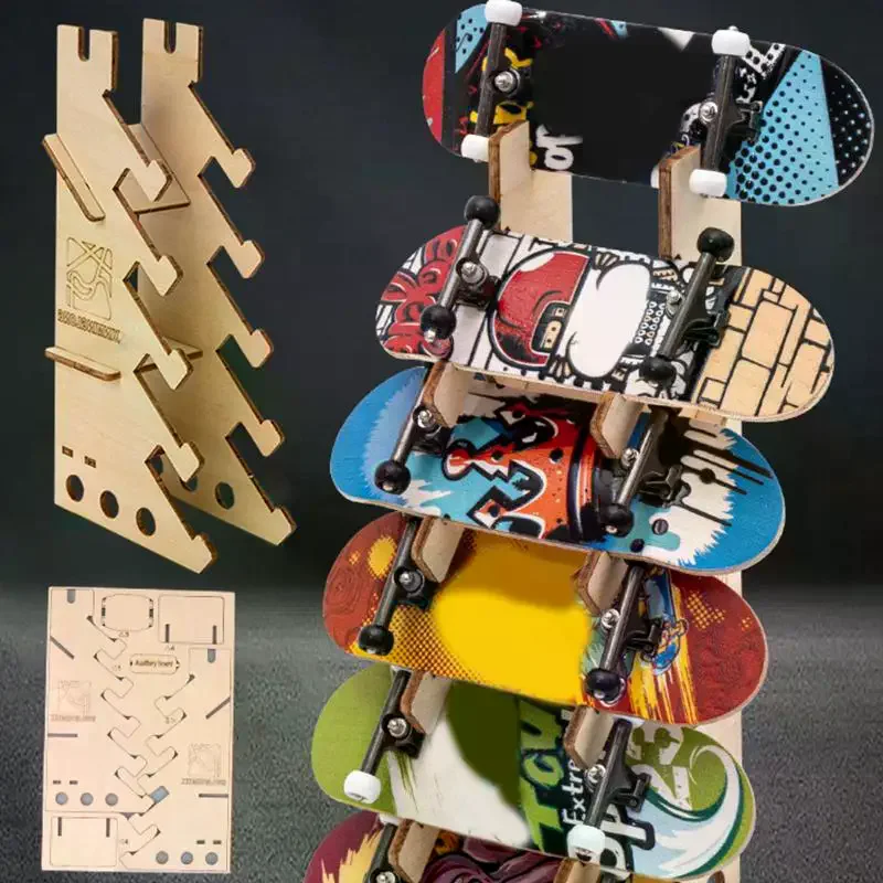 Wooden Display Rack for Finger Skateboards DIY Puzzle Assembly Storage Shelf for Kids Room and Toys