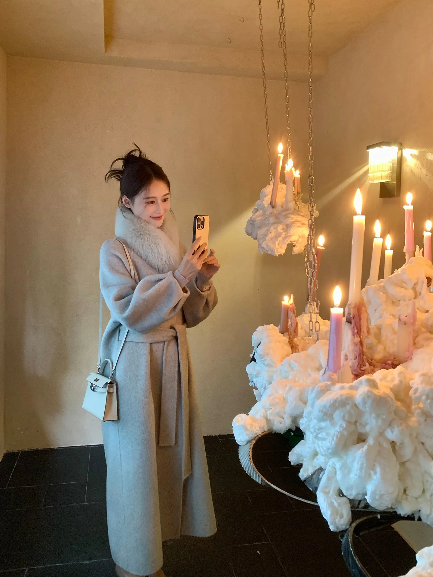 

Elena Double-Faced Woolen Coat with Fur Collar Cus-Dyed Camel down Luxury Women's Faion Winter Outerwear