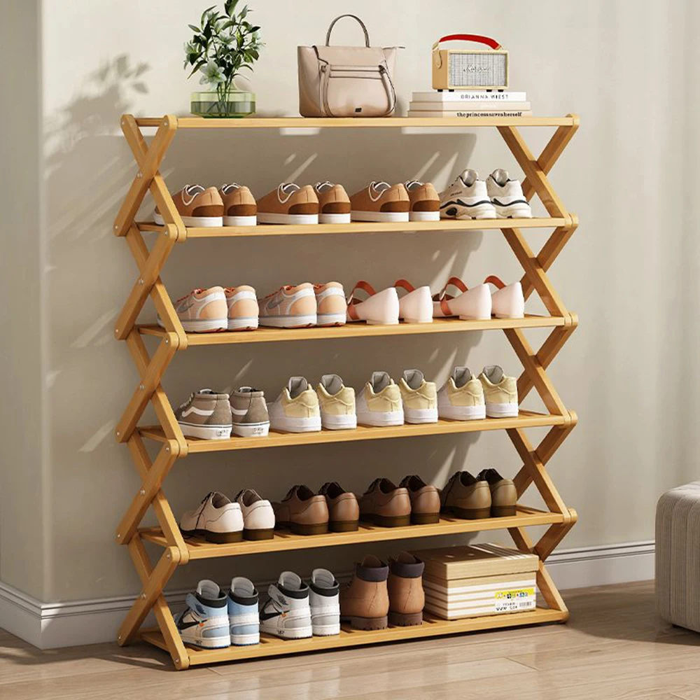 Shoe Rack Bamboo X-shaped Installation Free Multilayer Folding Shoes Rack Space Saving Shoe Stand Storage Shelf Home Furniture