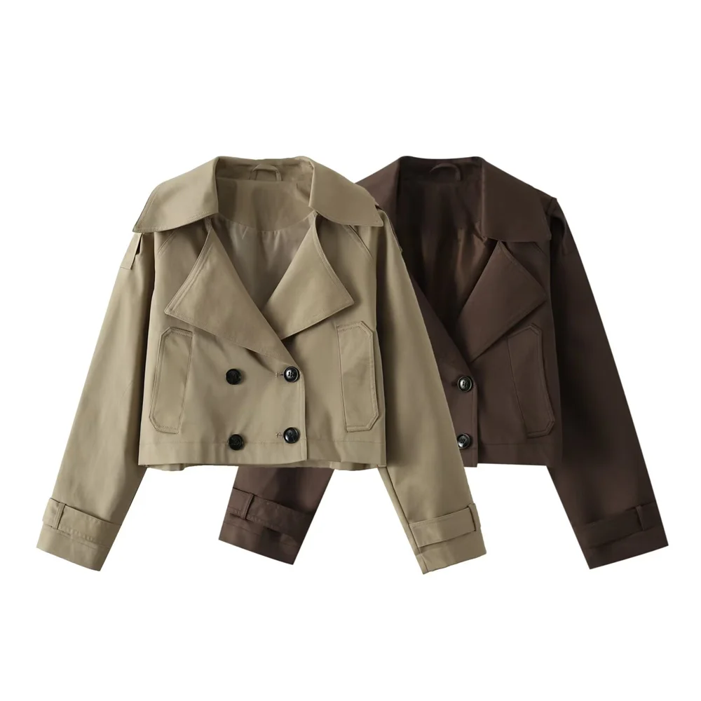 

BMURHMZA new women's clothing simple casual loose double breasted classic long sleeved short windbreaker jacket