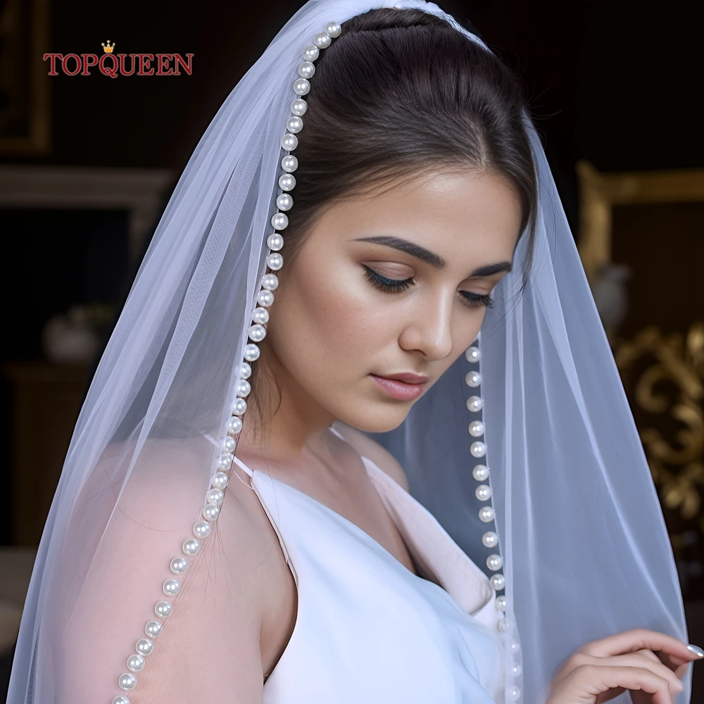 TOPQUEEN Bridal Veil With Large Pearl Edge Drop Wedding Accessory Complementos De Boda Voile De Mariée Perle V119