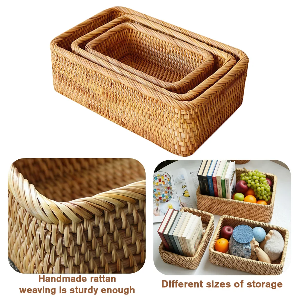 

3pcs/set Hand-Woven Rattan Wicker Basket Rectangular Storage Box for Fruit, Snacks, Bread, Tea & Home Kitchen Supplies