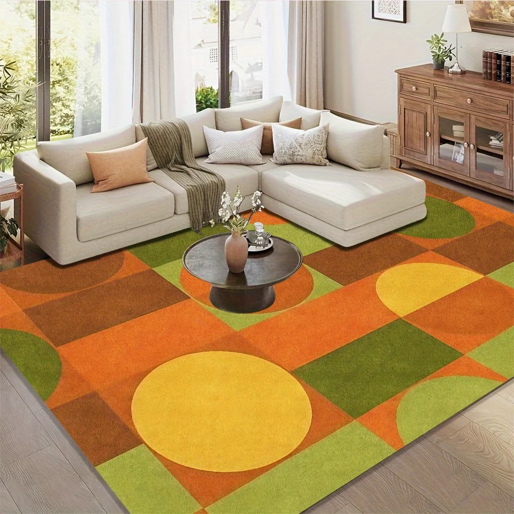VIKAMA Mid‑Century Geometric Area Rug,Non‑Slip Mat,Retro Circle Square Color Block Print Carpet Living Room Bedroom Home Decor