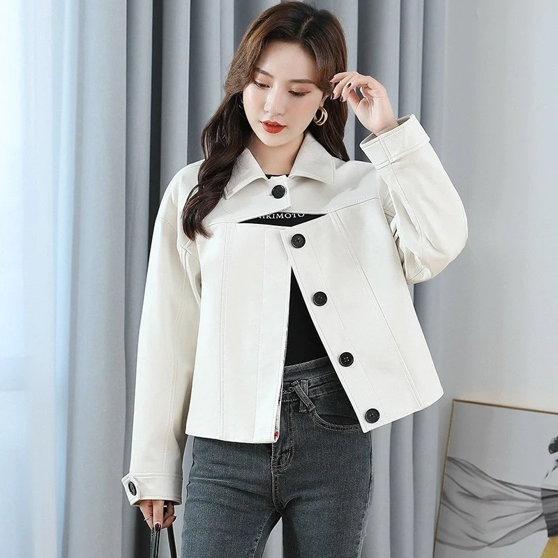 2023  Fashion Women Spring Short Single Breasted Sheepskin Genuine Leather Jacket Loose Fit Office Work Casual Female Moto Biker