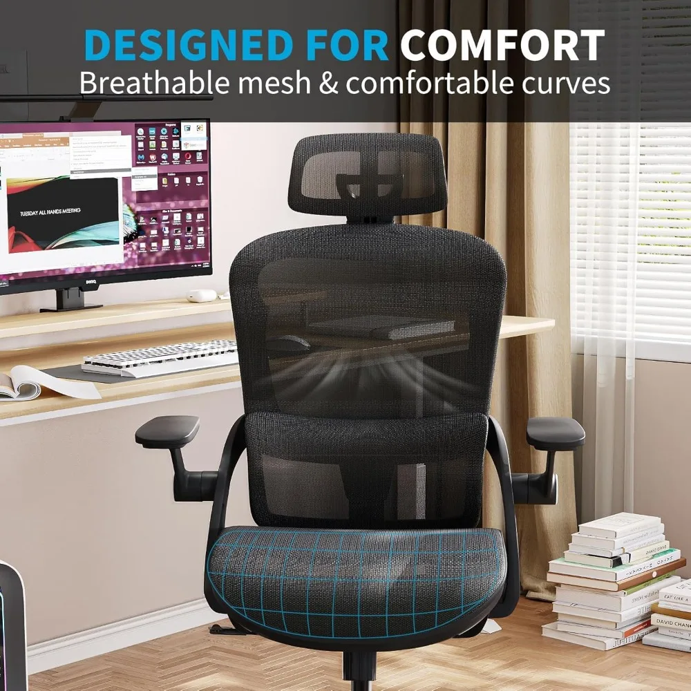 Chaise de bureau ergonomique en maille à dossier haut, chaise de bureau réglable avec soutien lombaire, appui-tête 2D, accoudoirs rabattables 3D