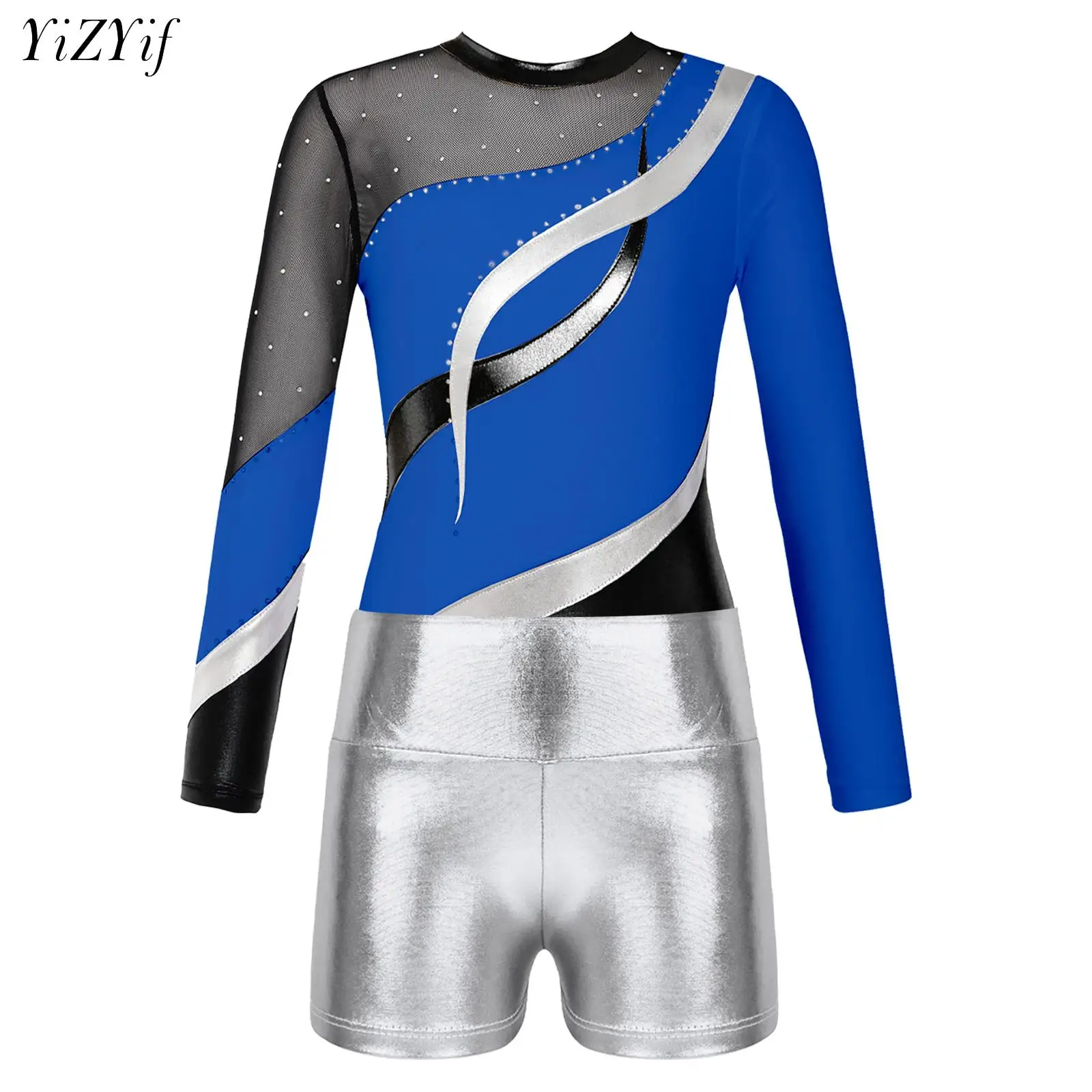

Kids Girls Gymnastics Leotards Jersey Bodysuit Long Sleeves Ballet Dance Set Workout Figure Skating Unitard with Shorts Outfit