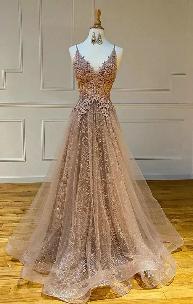 Elegant Khaki Spaghetti Straps Evening Dresses A-Line V-Neck Lace Appliques Tulle Long Prom Formal Occasion Celebrity Gown