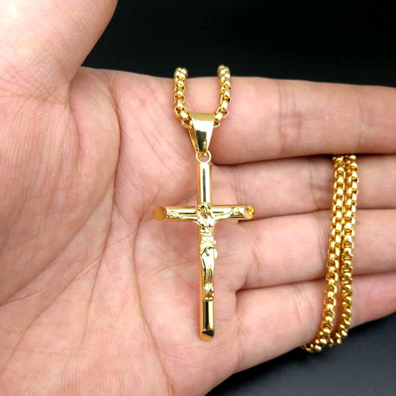 Wholesale 50 PCS Crucifix Jesus Cross Necklace Gold Color Stainless Steel Christ Pendant Men Necklaces Jewelry LN1201