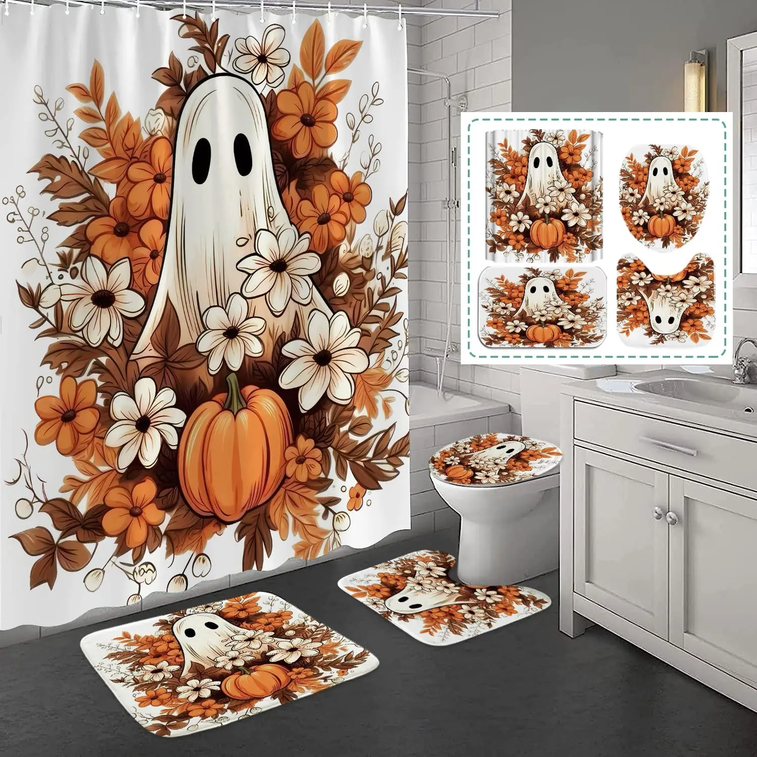 

4 шт., комплект занавесок для душа на Хэллоуин, осенне-осенний цветочный дизайн с элементами призрака и тыквы, противоскользящие аксессуары для декора ванной комнаты