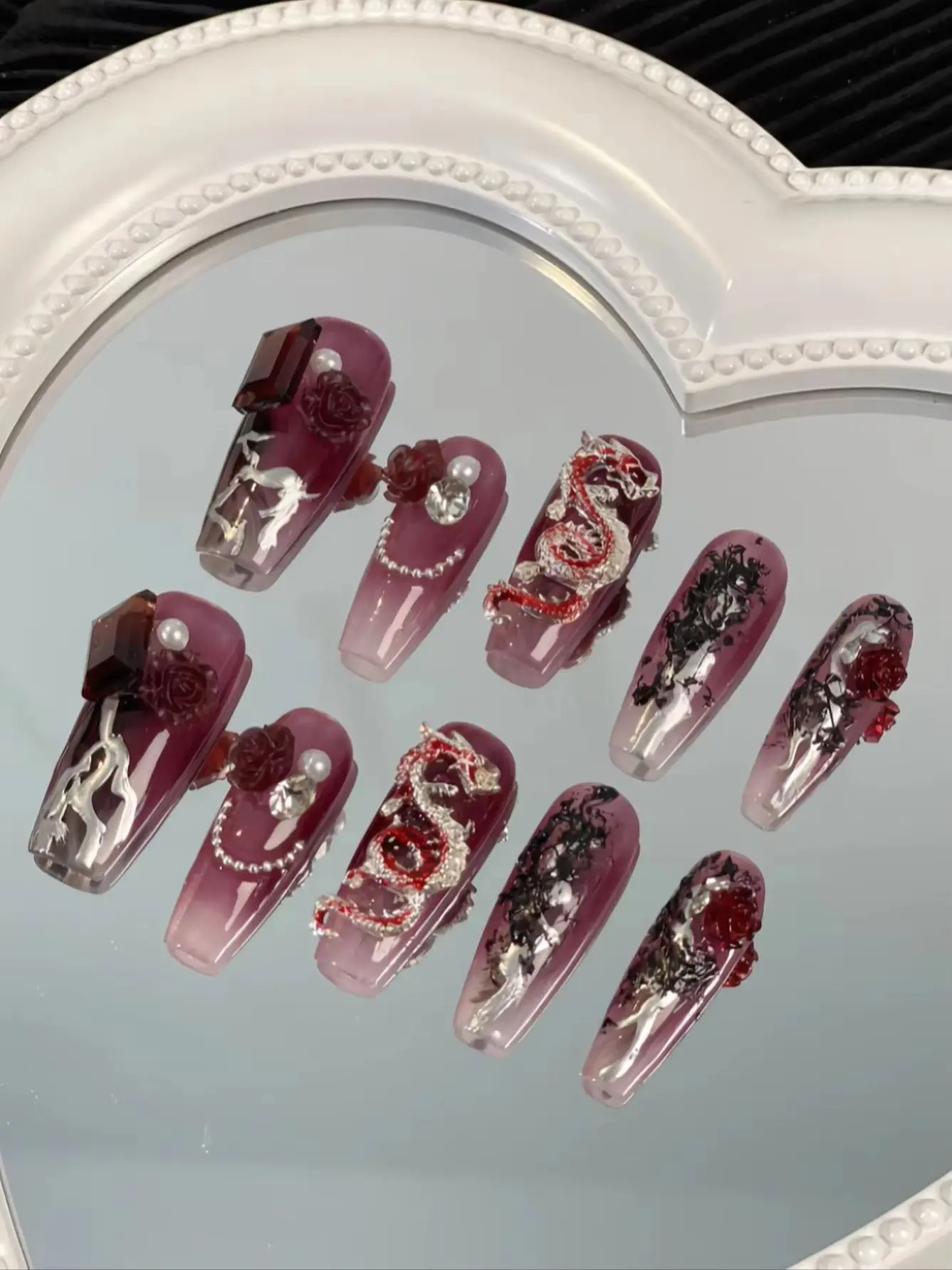 Halloween 10-Piece Set of Purple Rose Gradient Dragon Pattern Artificial Nails, Purple Rose Translucent Gradient Base, 3D Silver and Red Dragon Embellishments, Red Roses, Silver Vine, Black Dried Flowers, and Burgundy Square Rhinestones and Pearls Combination, Both Beautiful and Bold, Creating an Intense Atmosphere view 2