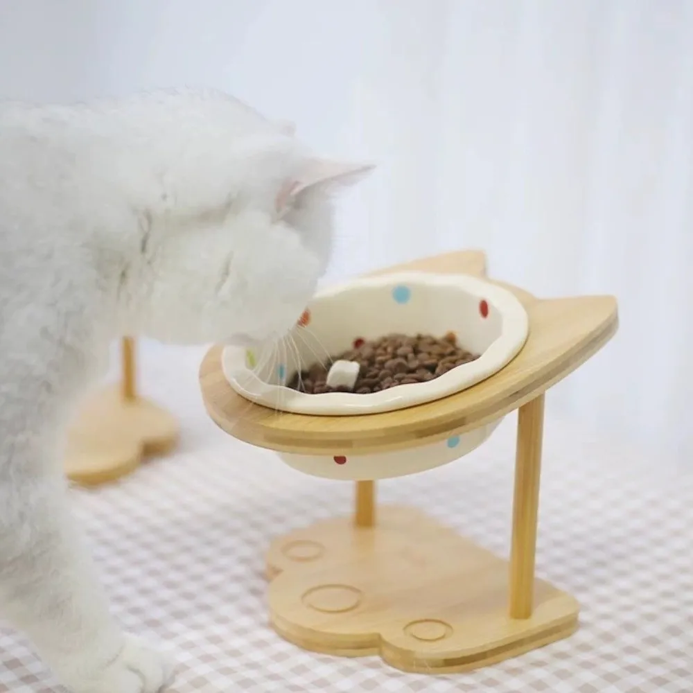 

Wooden Stand Cat Ceramic Bowl Ergonomic Non-Slip Dog Cat Feeder Neck Protection Flower Shaped Cat Water Bowl Pet Supplies