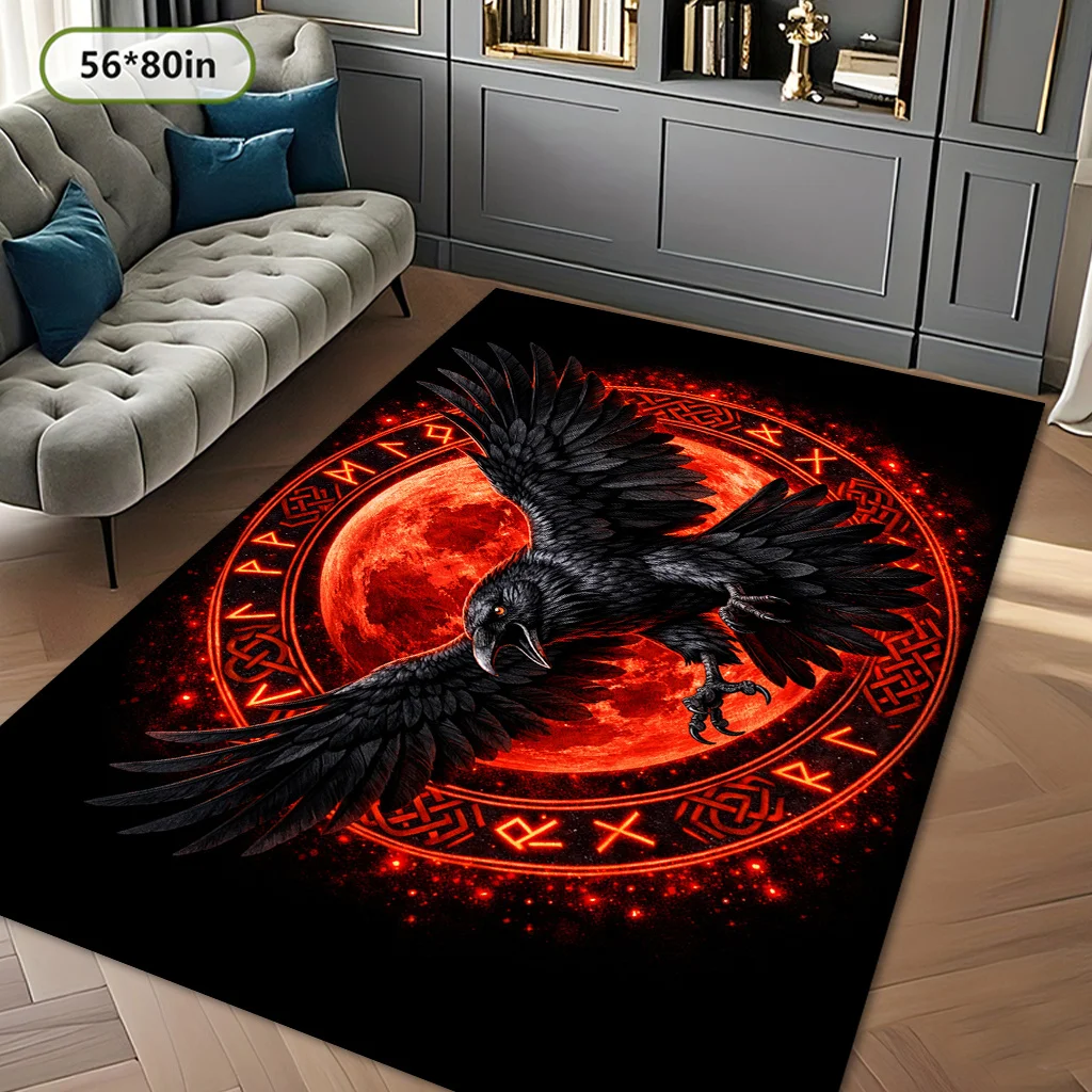 1‑Piece Retro Ethnic Style Red‑Black Crow Totem Print Area Rug, Easy‑Clean Durable Floor Mat for Living Room, Bedroom