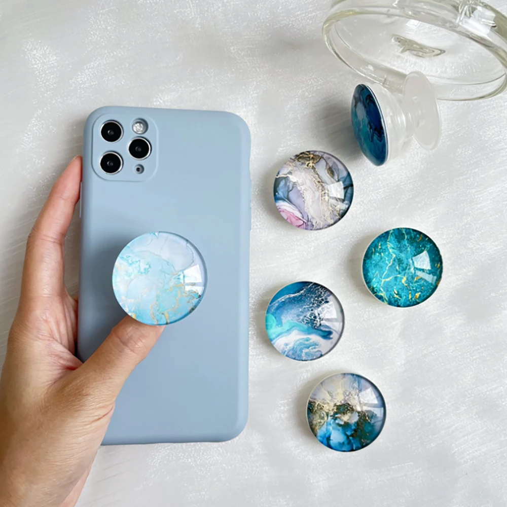 Soporte para teléfono de cristal con patrón de mármol, enchufe plegable para teléfono móvil, empuñaduras de cristal para teléfono