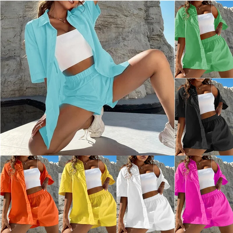 

Summer Breathable Two-Piece Suit Women Cotton Linen Solid Suit Solid Color Long Sleeve Shirts And Shorts Casual Sports Outfits