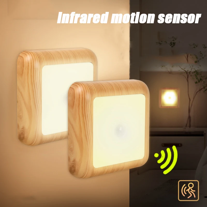 Grão de madeira bateria sem fio inteligente corpo sensor movimento led armário luz noturna inteligente para escada corredor quarto