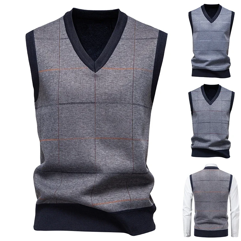 Men's Knitted Warm Sweater in Autumn and Winter V-neck Vest Diamond Grid Twisted Flower Casual Fashion Versatile Top
