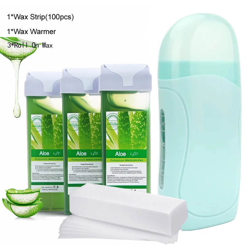 2026 Aloe Unisex Roll-On Depilatory Wax Cream Hair Removal Kit with Wax Heater Hot Cartridge Warmer Roller Waxing Equipment Tool