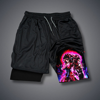 Black Anime Training Shorts with Dynamic Purple Red Blue Character Art Right Leg Vibrant Energy Aura Design Drawstring Waist Gym