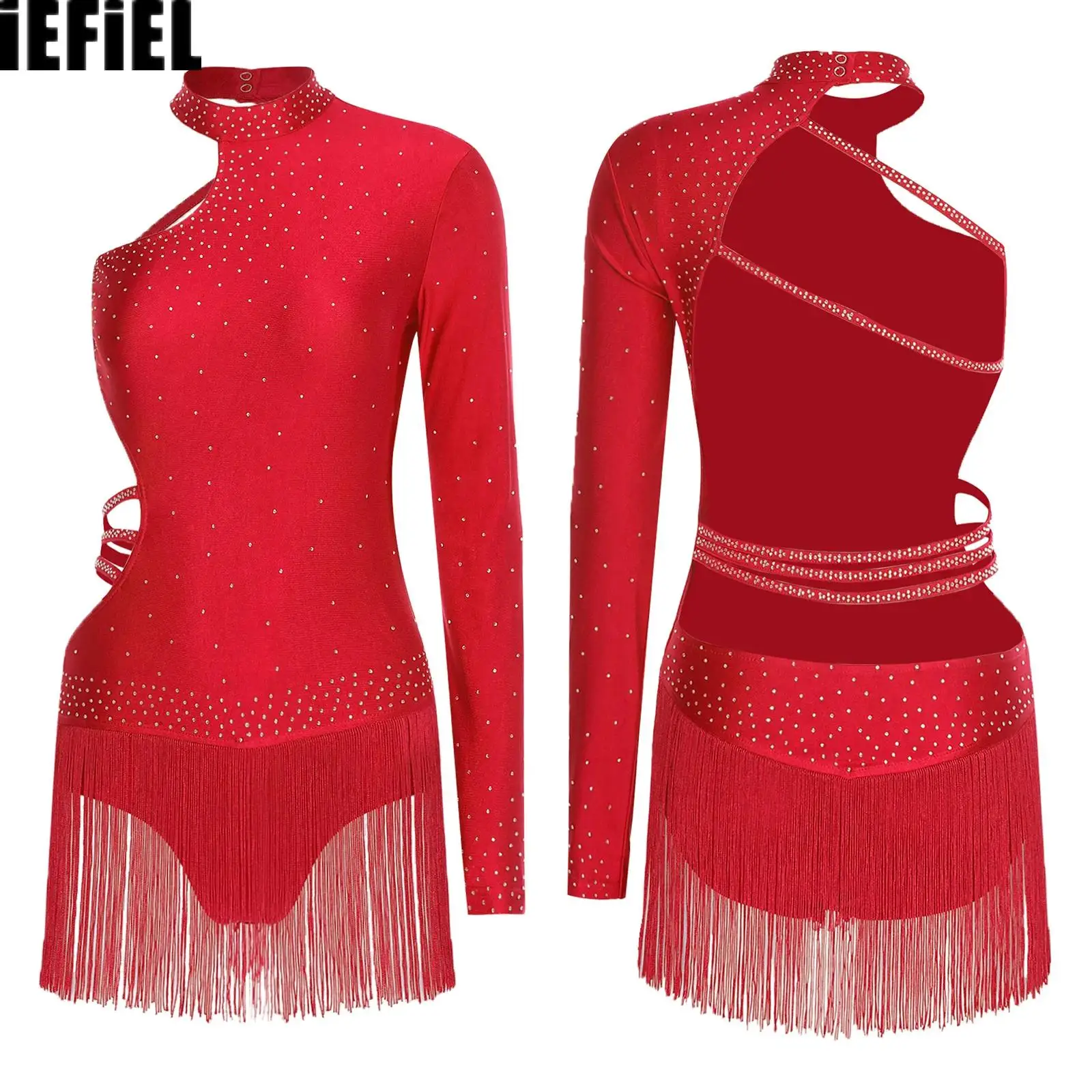 

Womens Latin Dance Leotard Glittery Bodysuit Single Long Sleeve Strappy Backless Tassel Waist Crotch Jumpsuit for Chacha Tango