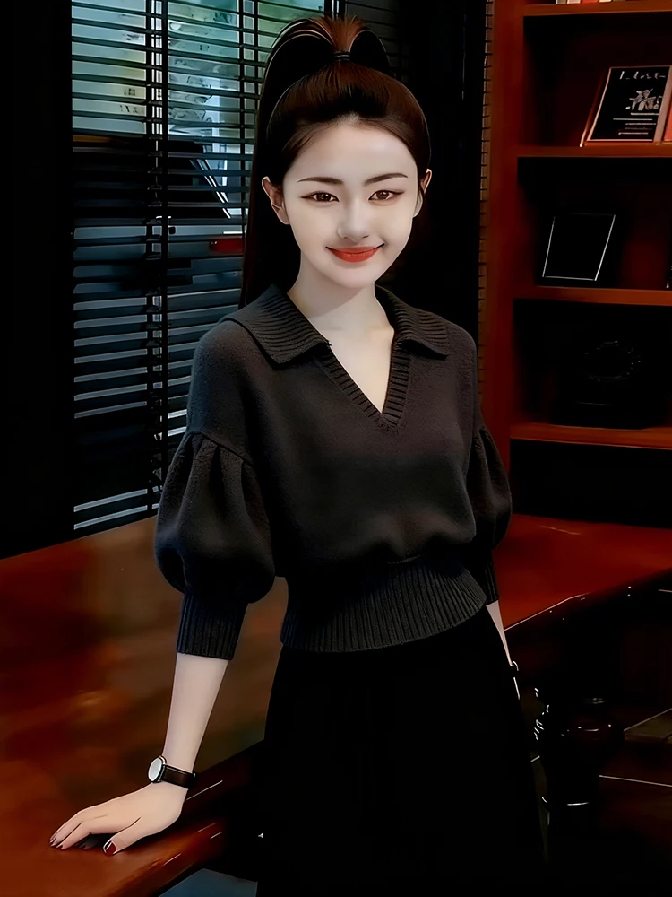 

Spring 2026 Faion V-Ne Long Sve Knitted Sweater Women's Loose plus Size Sli Versatile Anti-Aging Knitwear Base irt