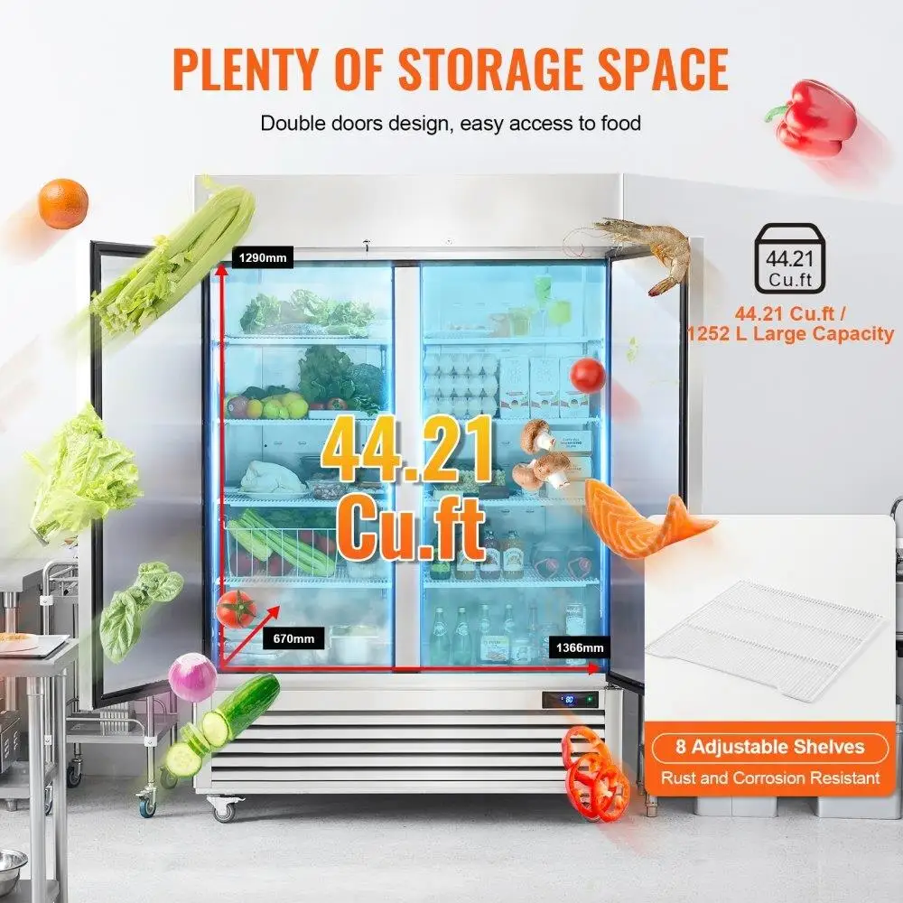 Geladeira comercial com alcance vertical de 44,21 pés cúbicos em aço inoxidável de 54,4 polegadas, descongelamento automático de 2 portas 33 a 41 ℉   Controle de temperatura com