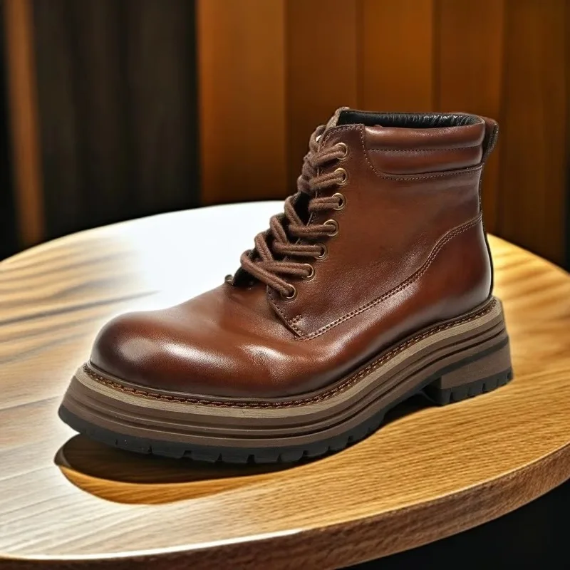 

American Retro Men's Chelsea Boots Genuine Leather Thick Sole Casual Motorcycle High Top Lace Up Riding Desert Work Boots Male