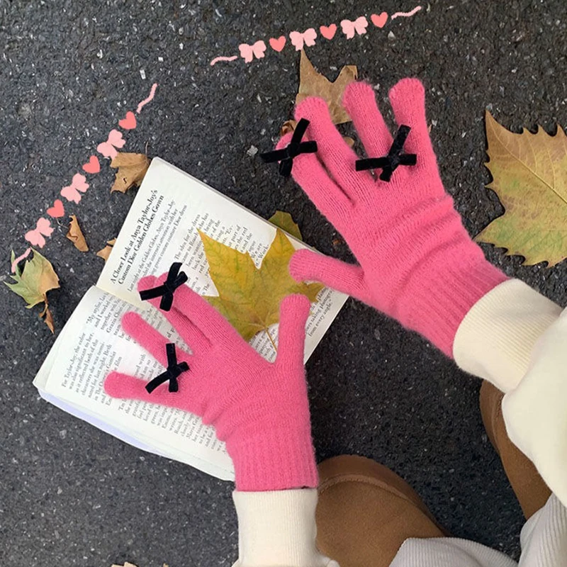 

Wool Knitted Gloves For Women Rabbit Fur Bow Knot Mittens Winter Warm Full Finger Gloves Touch Screen Glove Cute Hand Warmer Acc