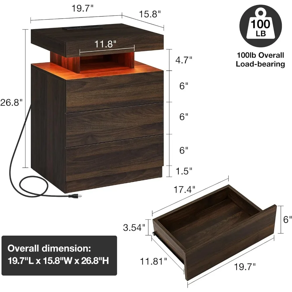 LED Nightstand Set of 2 with Wireless Charging Station, 3 Drawers, Open Shelf, Smart Walnut Wood LED Nightstand