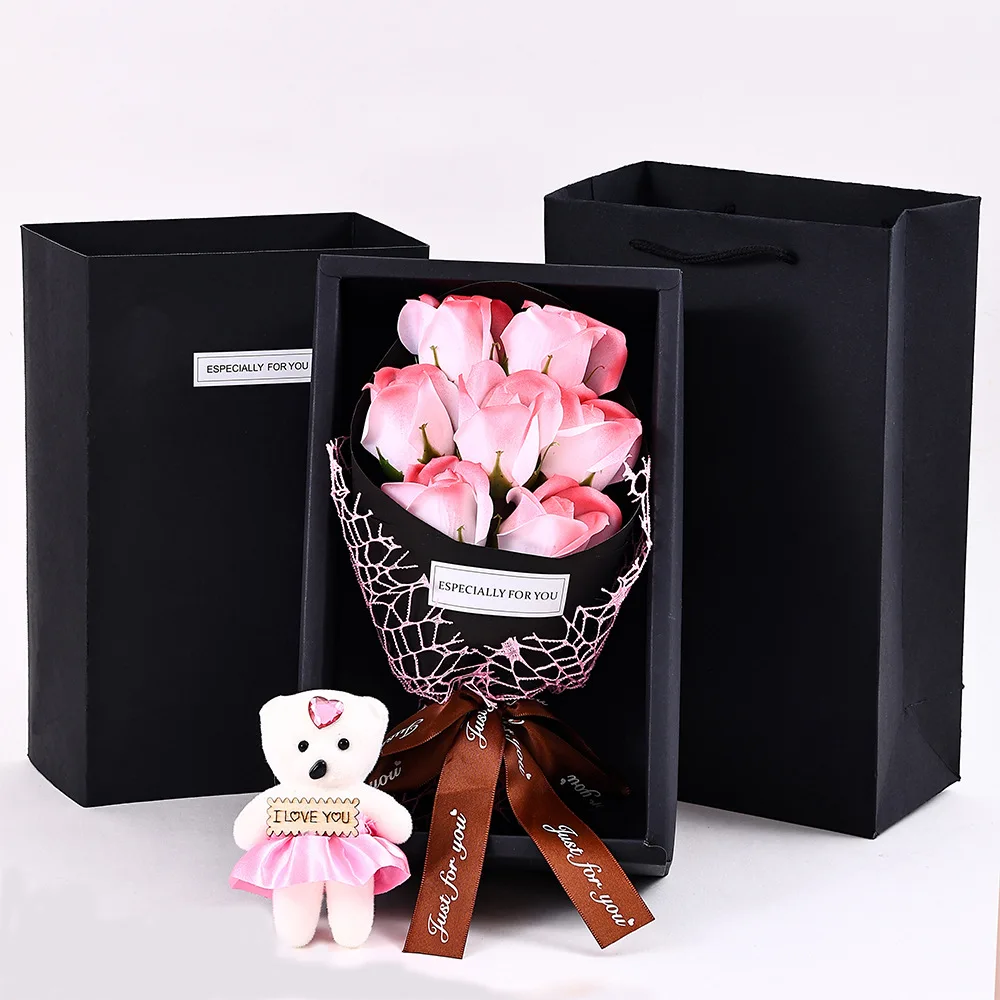 7 رؤساء الورد الاصطناعي باقة الدب الصغير هدية صندوق عيد الحب اليدوية كاذبة زهرة باقة عيد الأم حفلة عيد ميلاد G