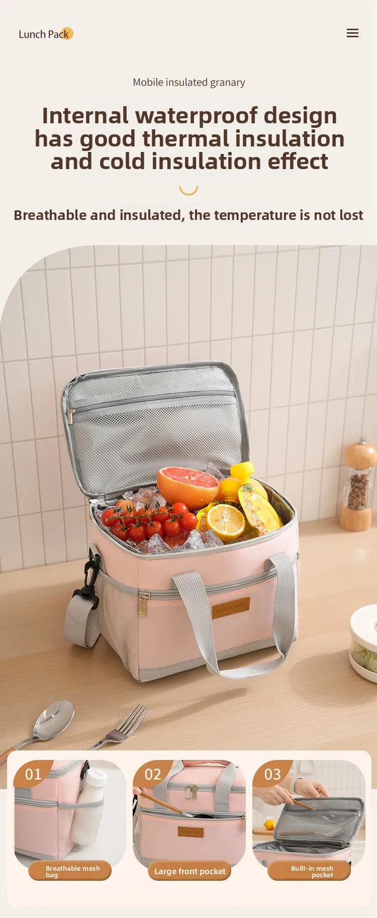 Tragbare Oxford Isolierte Kühltasche Wasserdichte Thermotasche Große Kapazität Schulter-Lebensmitteltasche für Picknick Camping Arbeit Reisen – Detail 6