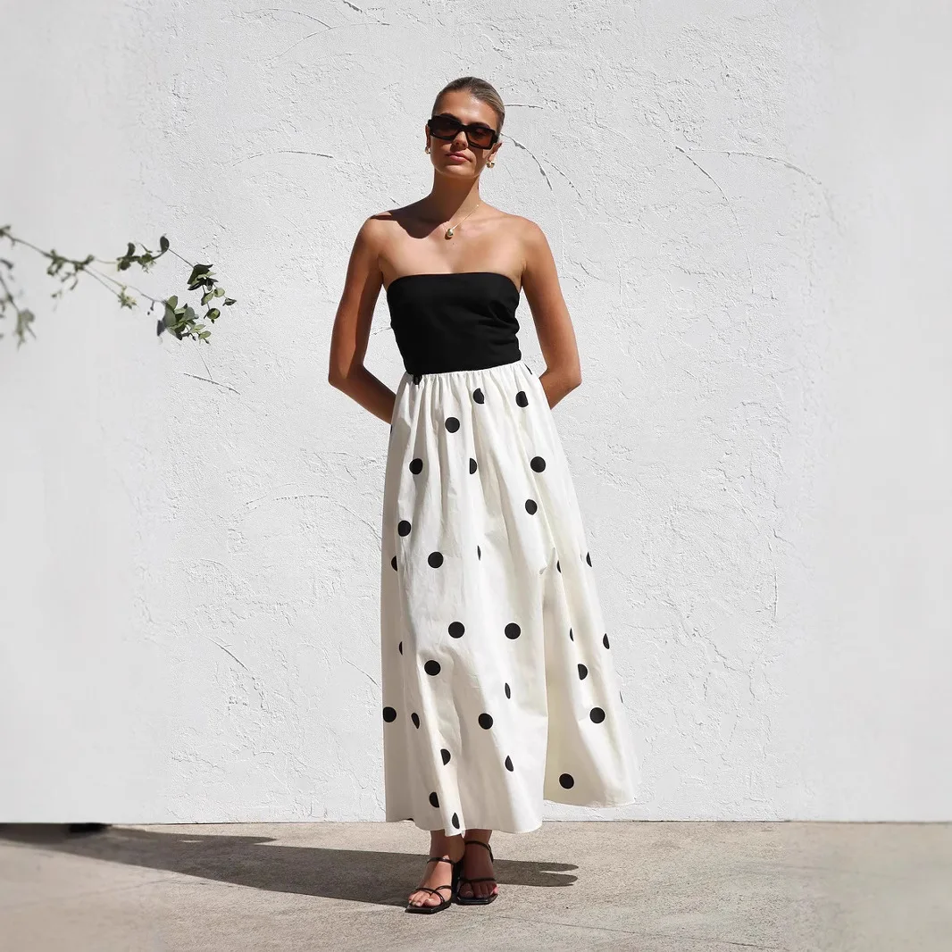 

Polka Dots Print Patchwork Tube Top Dresses Women Fashion Temperament Sleeveless A-line Long Dress Simple Lady Commuting Vestido