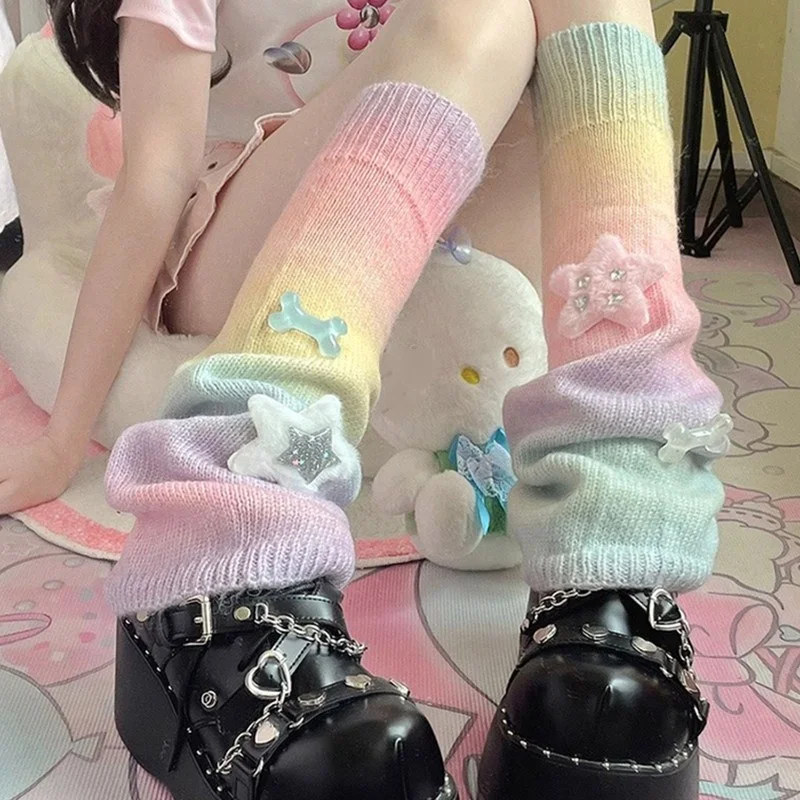 Harajuku Y2k Girls Rainbow Gradient Star Bone Leg Warmers Socks Japanese Lolita Kawaii Sweet JK Knitted Warm Leg Cover For Women