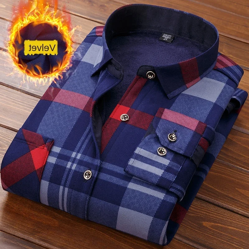 

Winter Thick Velvet Dress Shirt For Men thermo Casual Long Sleeve Plaid Warm Fleece Lining Shirts Soft Flannel size L-6XL