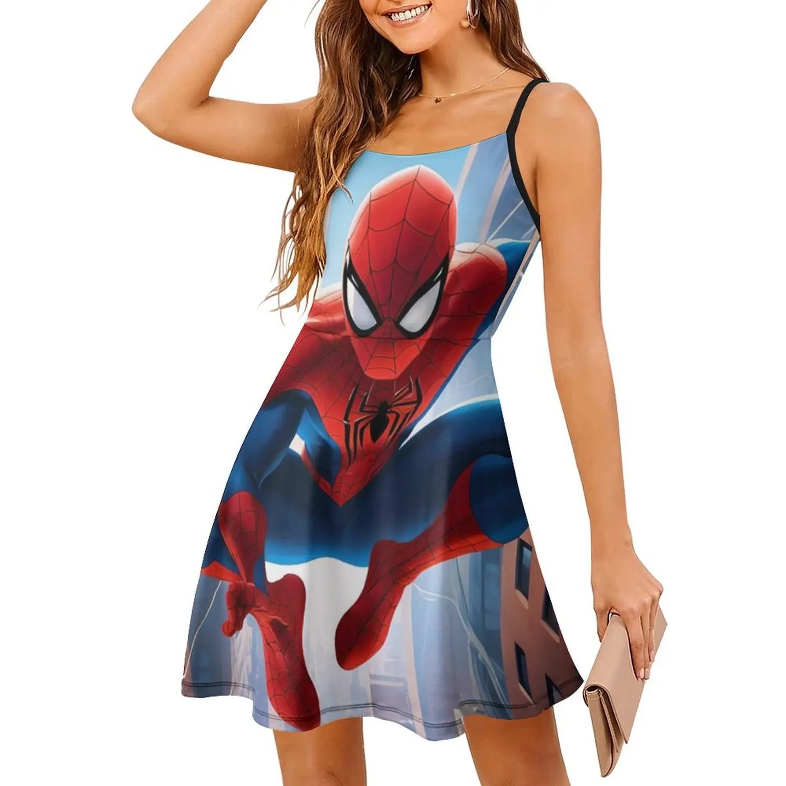 فستان العطلة المثير من السلسلة المتحركة 3 للنساء على الشاطئ وحفلات أعياد الميلاد فستان قصير من سلسلة الرسوم المتحركة ويب أزرق أحمر أسود للمرأة