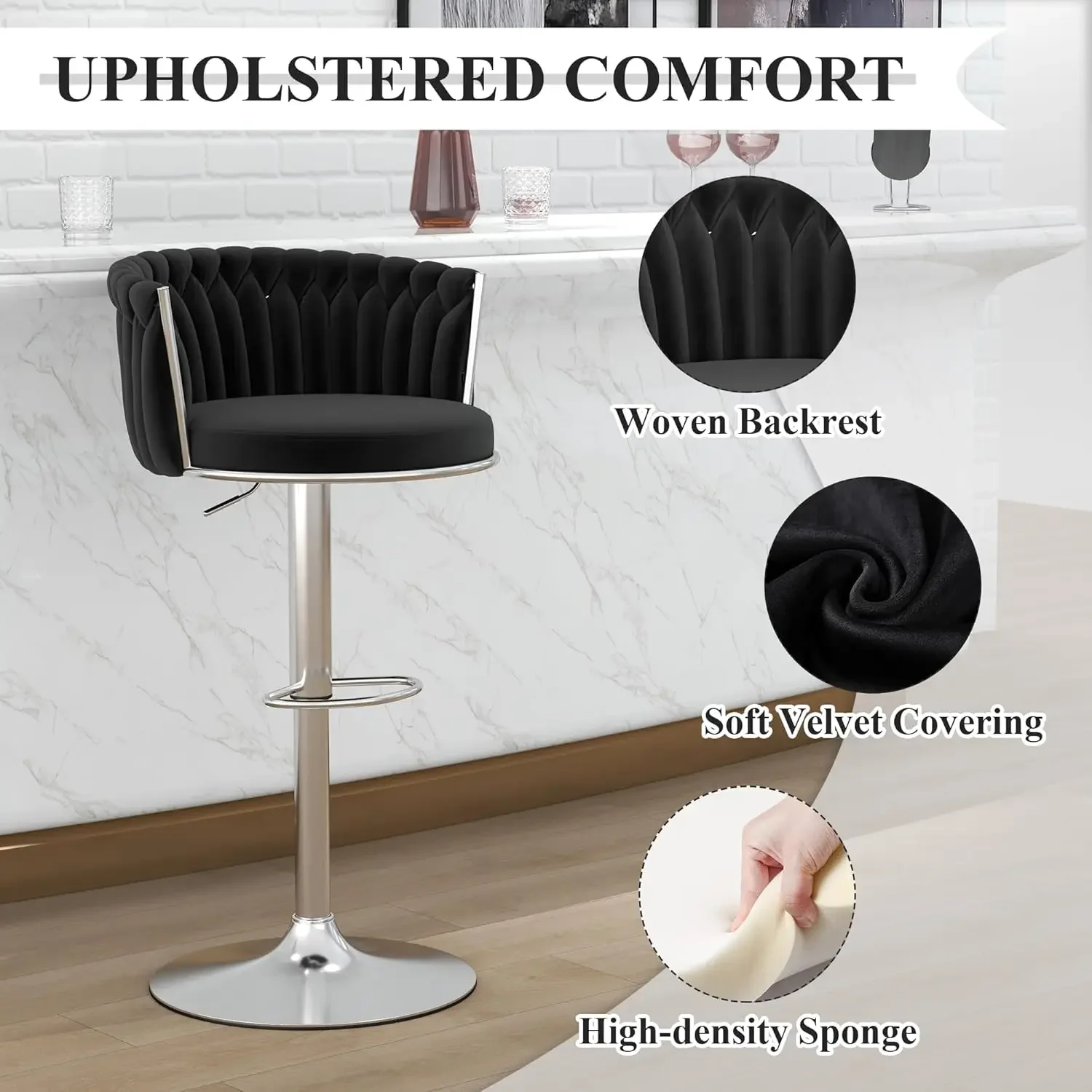 [Limited Stock, Buy Now!]Silver Bar Stool Set of 6, Velvet Swivel Barstools, Height Adjustable Counter Stools with Woven Backres