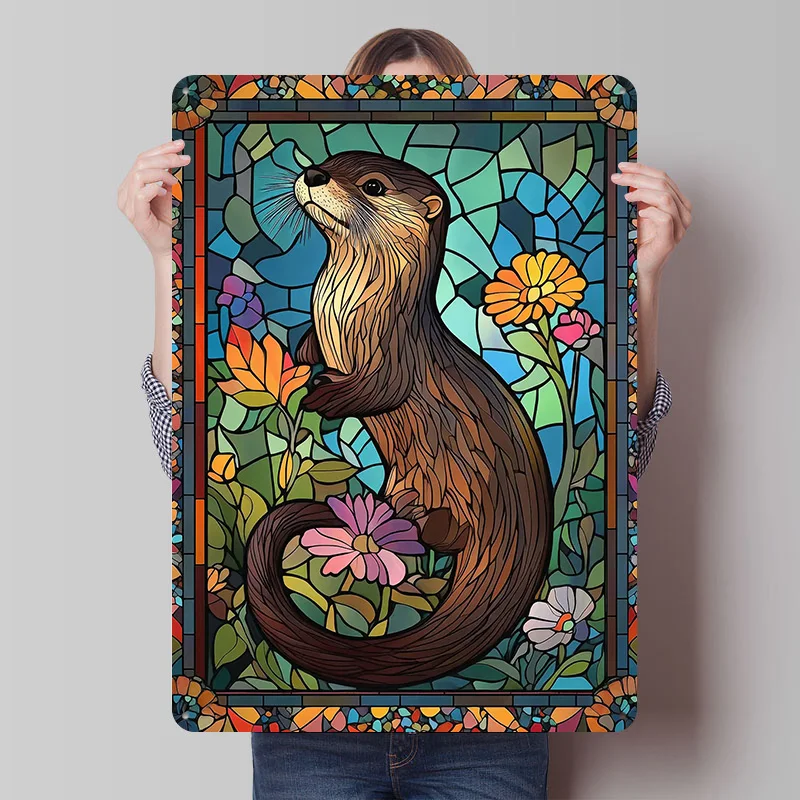 Stained Glass Otter Tinplate Posters Customizable Wall Art Retro Vintage Metal Signs for Home Room Bedroom Decorations Wand Deko