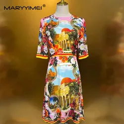 MARYYIMEI Summer Women's Dress Fashion Short Sleeve High Waiste Elegant Chic Print Beach Vacation Silk Dresses