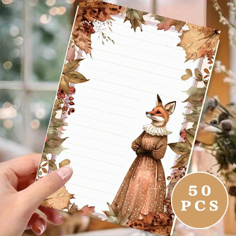 50 Sheets, Watercolor Autumn Fox Miss themed Writing Paper, Lined, Glue-free, Great for Notebooks, Memos, and Stickers