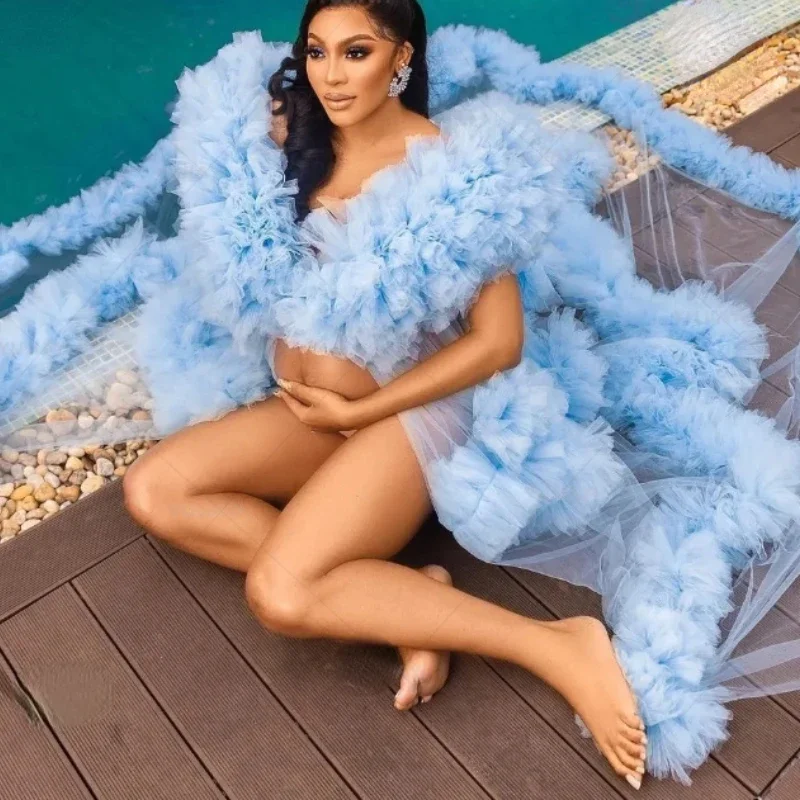 Blue Women Robe for Photoshoot Tulle Ruffles Maternity Gowns Open Front Pregnant Dress Wedding Bridal Boudoir Sleepwear Bathrobe