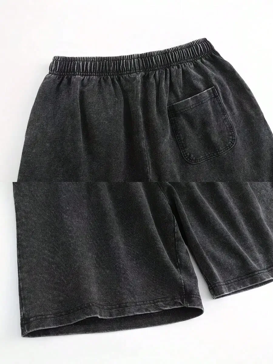 

Washed Cotton Casual Shorts With Elastic Waist And Pocket