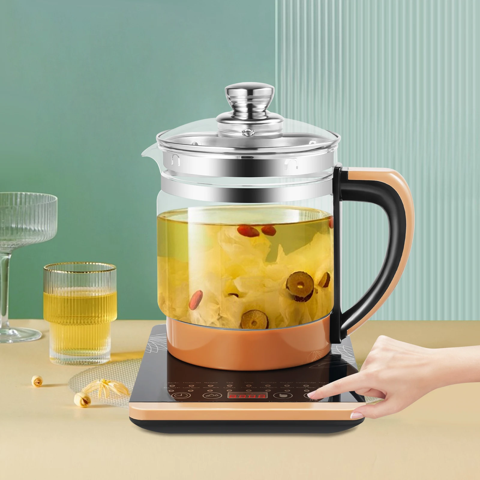 

BYMAOCAR 1.8L 800W Electric Glass Kettle, Temperature Control W/ Steamed Eggs Holder, 18 Smart Menu Reservation& Timing for Tea