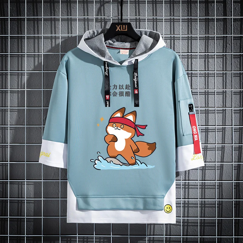 Ice Silk Hooded T-irt ort Sve Printed Youth Faion Summer New Arrival Men's Clothing Breathable Polyester Fiber round...