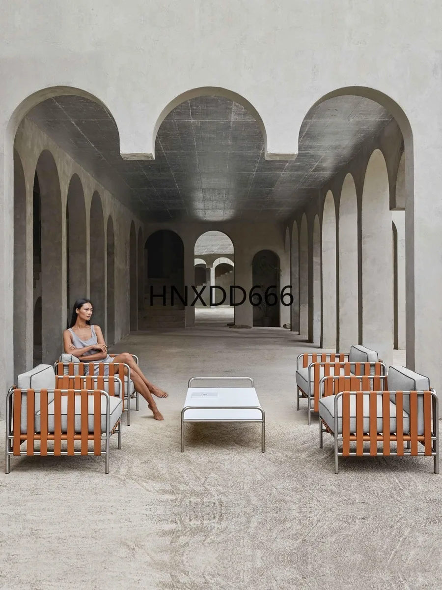 أريكة خارجية من الفولاذ المقاوم للصدأ، فناء من الخيزران، مجموعة طاولة قهوة للمطر والشمس #3